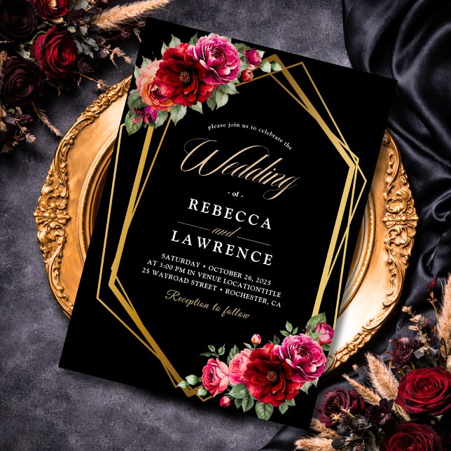 Elegant floral red black moody Romantic wedding Invitation (Creator Uploaded)