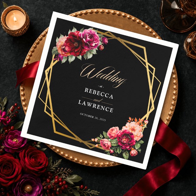 Elegant floral red black moody Romantic wedding Napkin (Creator Uploaded)