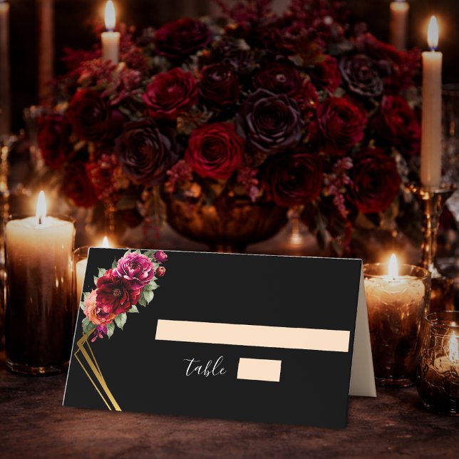Elegant floral red black moody Romantic wedding Place Card (Creator Uploaded)