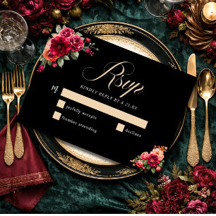 Elegant floral red black moody Romantic wedding RSVP Card