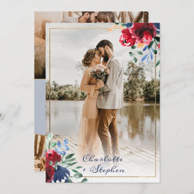 Elegant floral red blue script 5 photos wedding invitation (Front/Back)