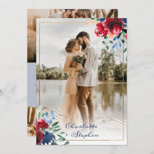 Elegant floral red blue script 5 photos wedding invitation