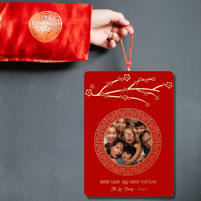 Elegant Floral Red Chinese New Year Photo Foil Holiday Card (Creator Uploaded)