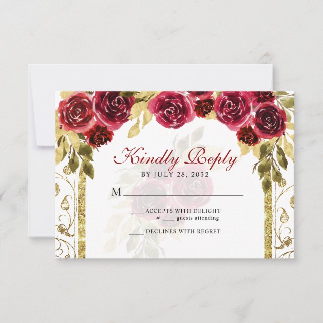 Elegant Floral Red Gold Arch Quinceañera RSVP Card (Front)