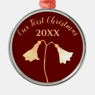 Elegant Floral Red Gold Romantic First Christmas Metal Ornament