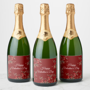 Elegant Floral Red Happy Valentine’s Day Sparkling Wine Label