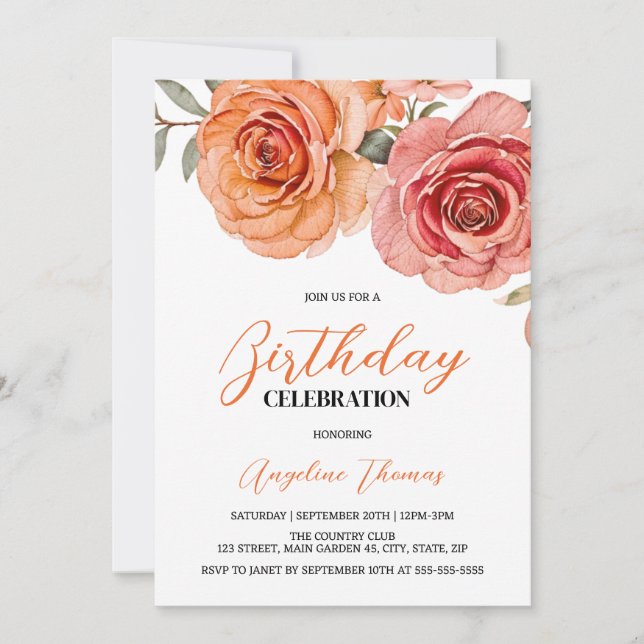 Elegant Floral Red Orange Rose Birthday Invitation (Front)