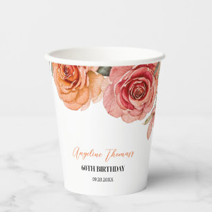 Elegant Floral Red Orange Rose Birthday Paper Cups