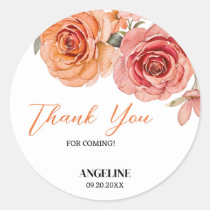 Elegant Floral Red Orange Rose Birthday Thank You Classic Round Sticker
