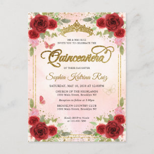 Elegant Floral Red Pink Gold Tiara Quinceañera Postcard