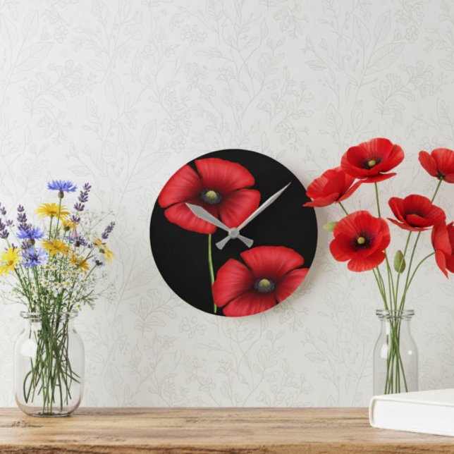 Elegant Floral Red Poppy Flowers on Black Round Clock (Pretty poppies make a pretty poppy clock. Pop it on your wall today!)