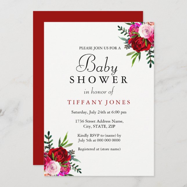 Elegant Floral Red Rose Baby Shower Invitation (Front/Back)