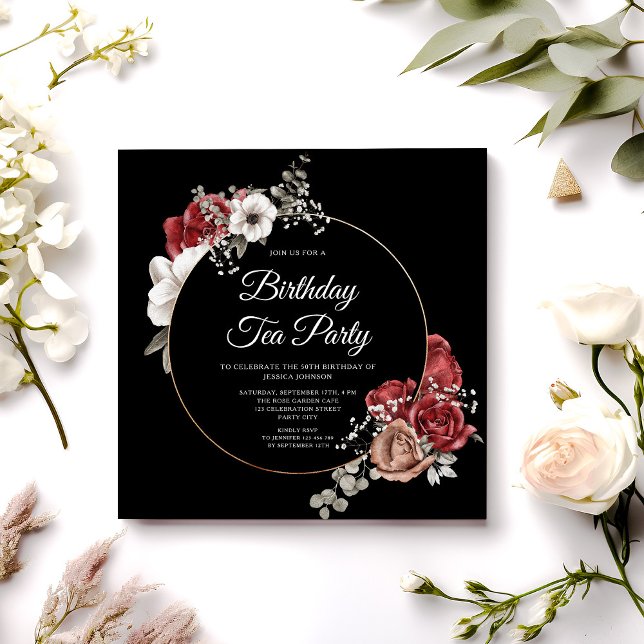 Elegant Floral Red Rose Gold Birthday Tea Party Invitation (Elegant Floral Red Rose Gold Birthday Tea Party Invitation)