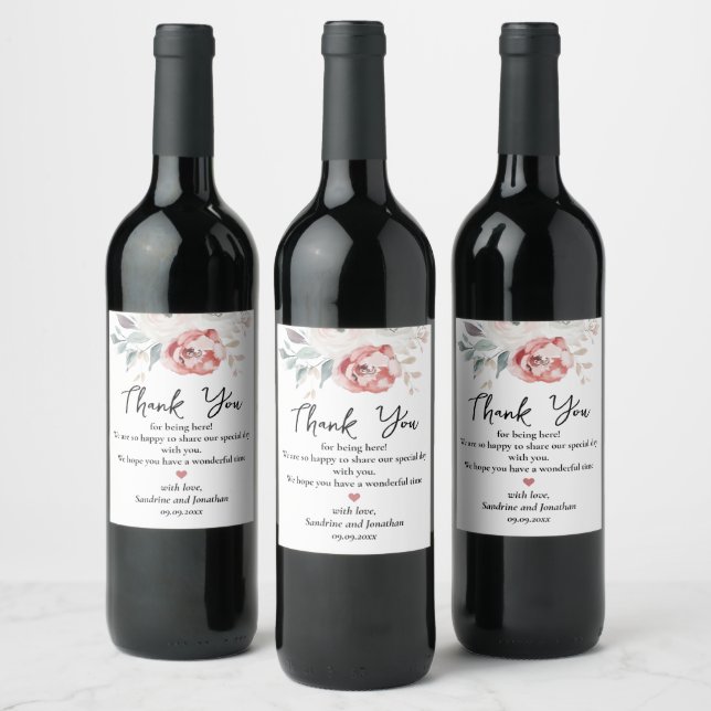 Elegant Floral Red Rose Wedding Thank You Wine Label (Bottles)