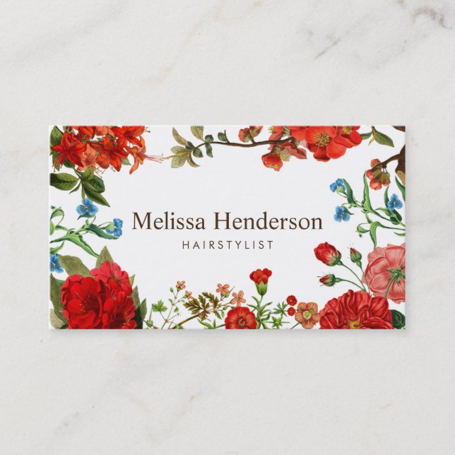 Elegant Floral Red White Professional Business Card (Front)