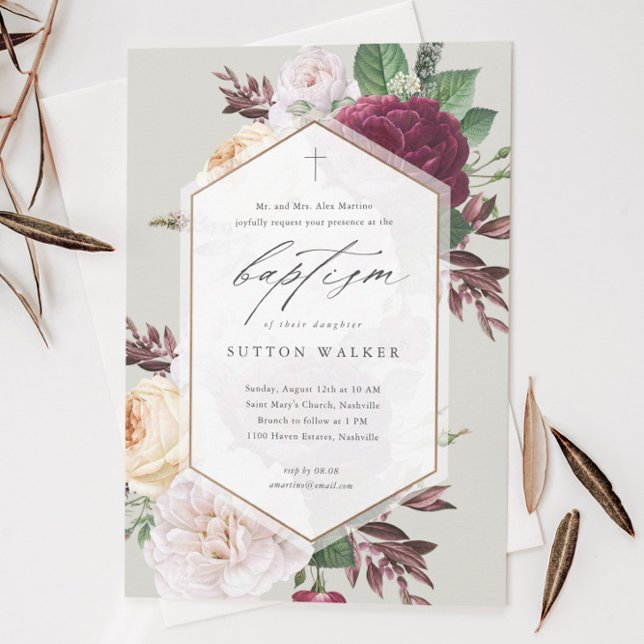 Elegant Floral Religious Baptism & Christening Invitation (Modern floral script baptism invitation with hand painted botanical foliage and minimal cross.)