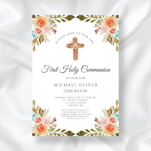 Elegant Floral Religious Cross First Communion  Invitation