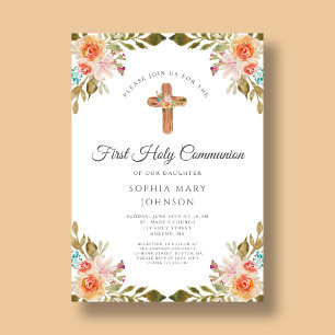 Elegant Floral Religious Cross First Communion  Invitation