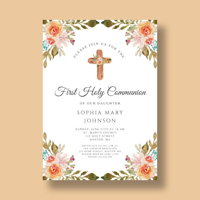 Elegant Floral Religious Cross First Communion  Invitation (Elegant Floral Religious Cross First Communion Invitation)