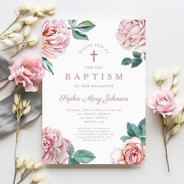 Elegant Floral Religious Cross Girl Baptism Invitation (Floral Peonies Religious Cross Girl Baptism Invitation)
