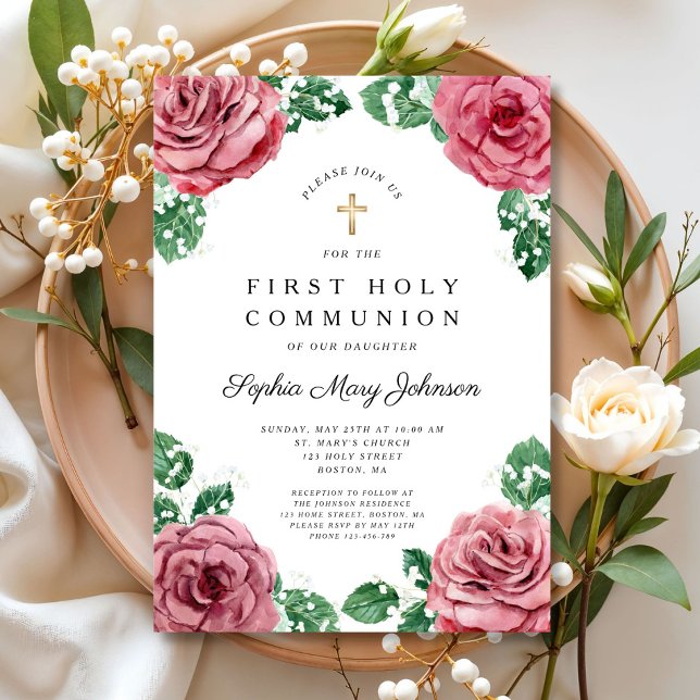 Elegant Floral Religious Girl First Communion Invitation (Elegant Floral Religious Girl First Communion Invitation)