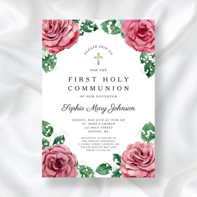 Elegant Floral Religious Girl First Communion Invitation (Red Floral Religious Cross Girl First Communion Invitation)