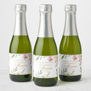 Elegant Floral Retirement Party Gold Script Mini Sparkling Wine Label