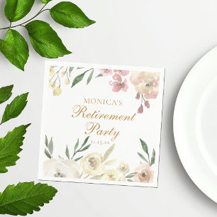 Elegant Floral Retirement Party Gold Script Napkin