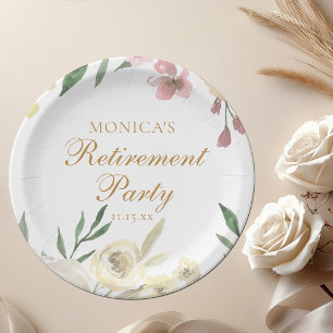 Elegant Floral Retirement Party Gold Script Paper Plate