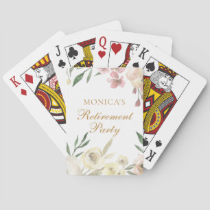 Elegant Floral Retirement Party Gold Script Playing Cards