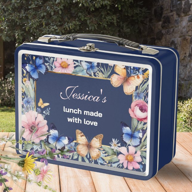 Elegant Floral Retro Pretty Navy Blue Personalised Metal Lunch Box (Personalized lunch box with monogram, flowers, butterflies and 'lunch made with love" words)