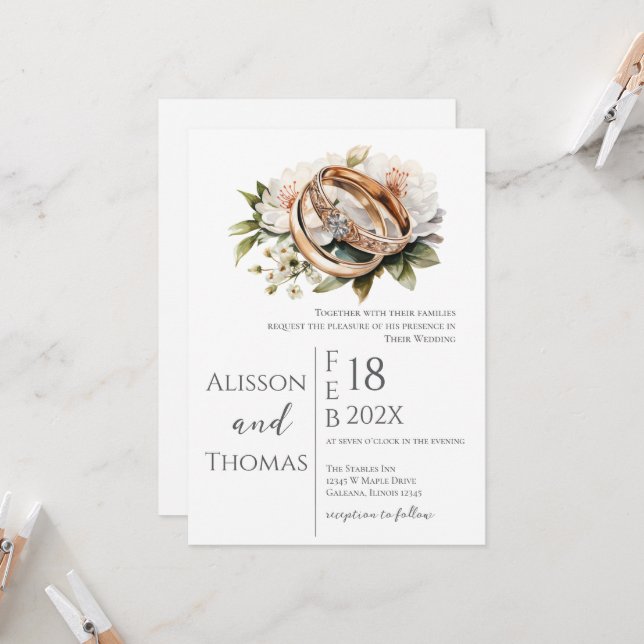 Elegant Floral Rings Wedding  Invitation (Front/Back In Situ)
