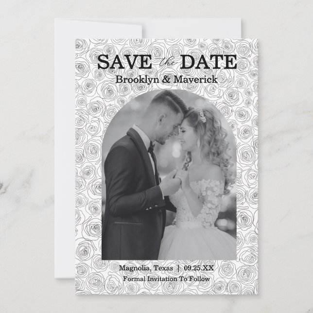 Elegant Floral Rose Black White Wedding Save The Date (Front)
