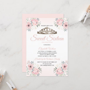 Elegant Floral Rose Gold Blush Pink 2 Sweet 16 Invitation