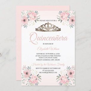 Elegant Floral Rose Gold Blush Pink Quinceanera Invitation