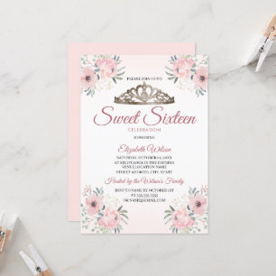 Elegant Floral Rose Gold Blush Pink Sweet 16 Invitation