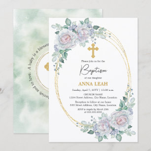 Elegant Floral Rose Gold Cross Baptism Invitation