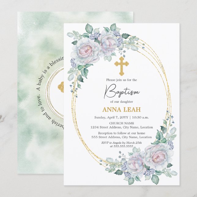 Elegant Floral Rose Gold Cross Baptism Invitation (Front/Back)