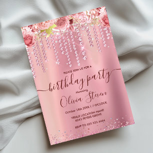 Elegant floral rose gold dripping glitter any age invitation