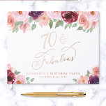 Elegant Floral Rose Gold Foil 70th Birthday Party Guest Book<br><div class="desc">Elegant guest book for her 70th birthday party featuring rose gold foil,  "70 & Fabulous" in a chic calligraphy script and watercolor bouquets of burgundy red and blush pink florals with sage greenery. Customise with her name,  the party date and a title on the spine.</div>