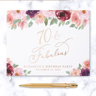 Elegant Floral Rose Gold Foil 70th Birthday Party Guest Book