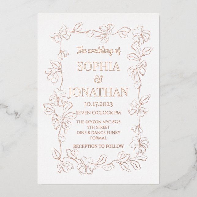 Elegant floral rose gold foil wedding invitation (Front)