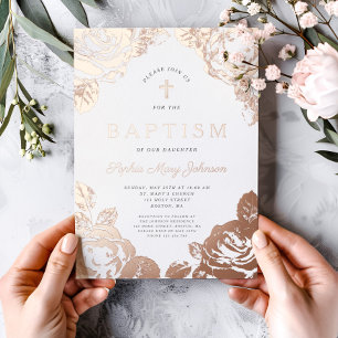 Elegant Floral Rose Gold Girl Baptism