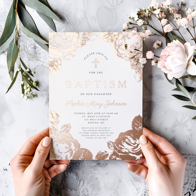 Elegant Floral Rose Gold Girl Baptism  (Elegant Floral Girl Baptism Rose Gold Foil Invitation)