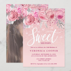 Elegant floral rose gold glitter sweet sixteen invitation