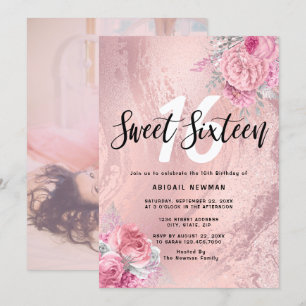 Elegant floral rose gold glitter sweet sixteen invitation