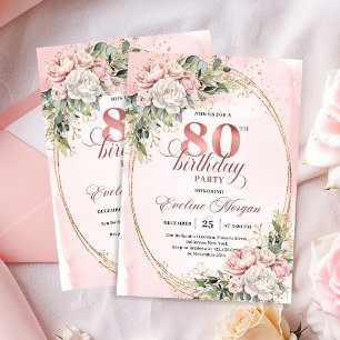 Elegant Floral Rose Gold Greenery 80th Birthday   Invitation