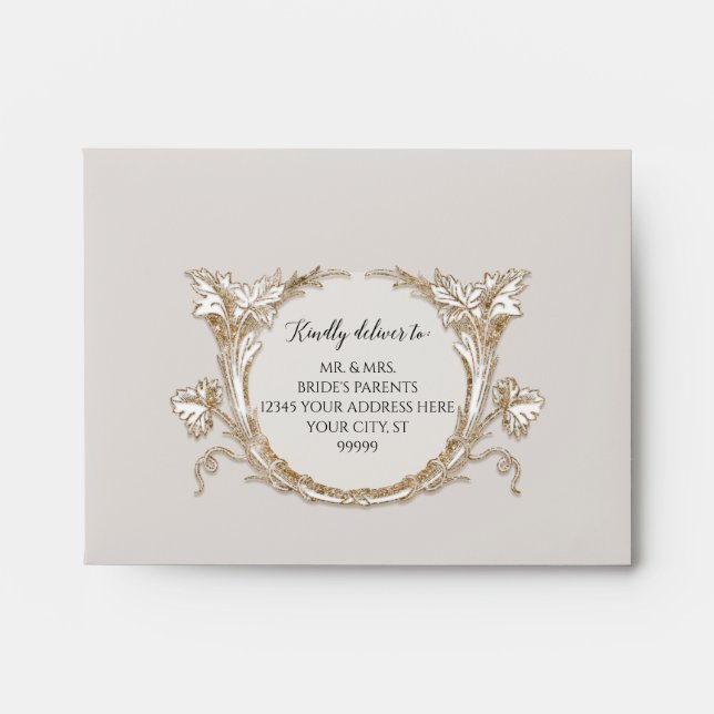 Elegant Floral Rose Gold Neutral Grey Wedding RSVP Envelope (Front)