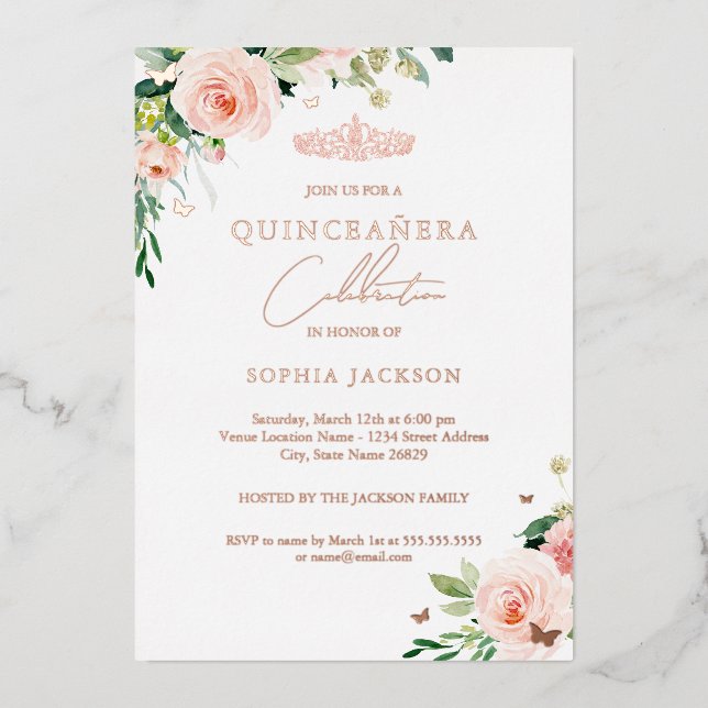 Elegant Floral Rose Gold Photo Quinceanera (Front)