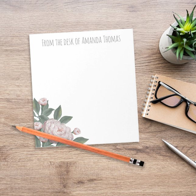 Elegant Floral Rose Personalized Desk Stationery Notepad (Elegant personalized desk stationery with vintage blush roses and custom name header.)